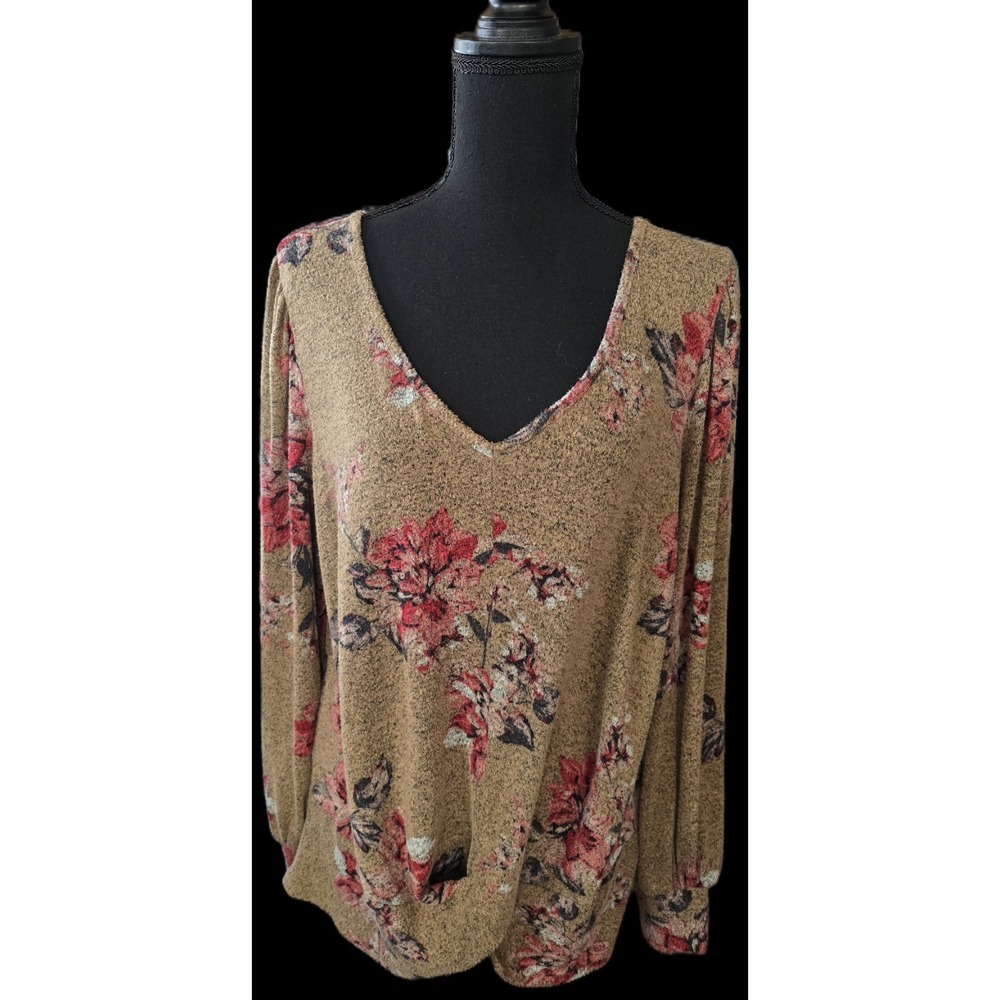 Maurices Women Large Brown Floral Longโ Sleeve Cinched Top Shirt